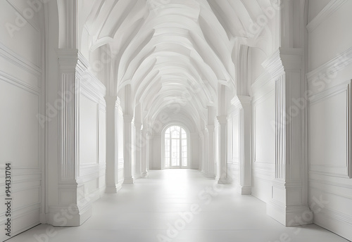 Luxury white empty hall with white walls, ceiling.