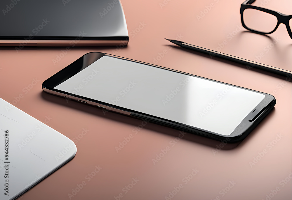 Smart phone with blank screen on office desk table. 3D rendering Smart phone with blank screen on office desk table. 3D rendering