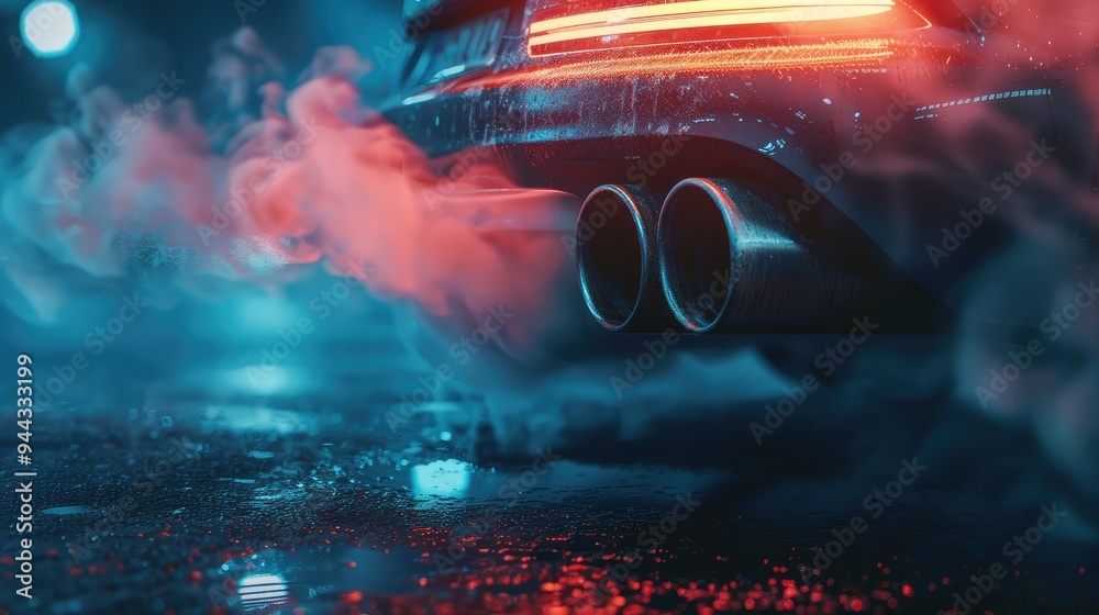 Exhaust pipe of a black car on a night road, close-up. Red light. Exhaust pipe of a black car on a night road, close-up. Red light.