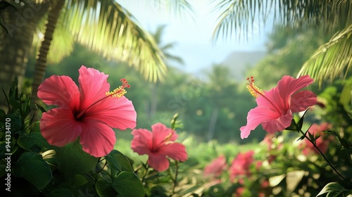 Pink Hibiscus Flowers in a Tropical Paradise