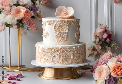 Beautiful colorful fancy wedding cake with flowers on a pink background, close-up photo