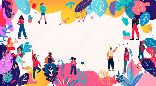 Colorful diverse people surrounded by vibrant abstract leaves and plants minimalistic design modern art style social interaction concept