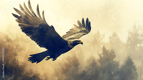 A realistic painting of an eagle in flight, showcasing detailed feathers and powerful wings, captured in sharp focus against a soft, muted sky background. photo