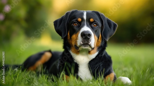 Entlebucher Mountain Dog Portrait. Swiss Alpine Pet in Green Nature photo