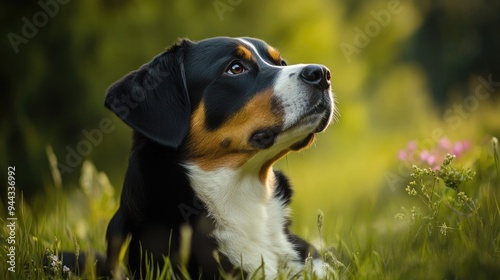 Entlebucher Mountain Dog Portrait in Swiss Nature, Cute Animal Breed in Green Outdoors photo