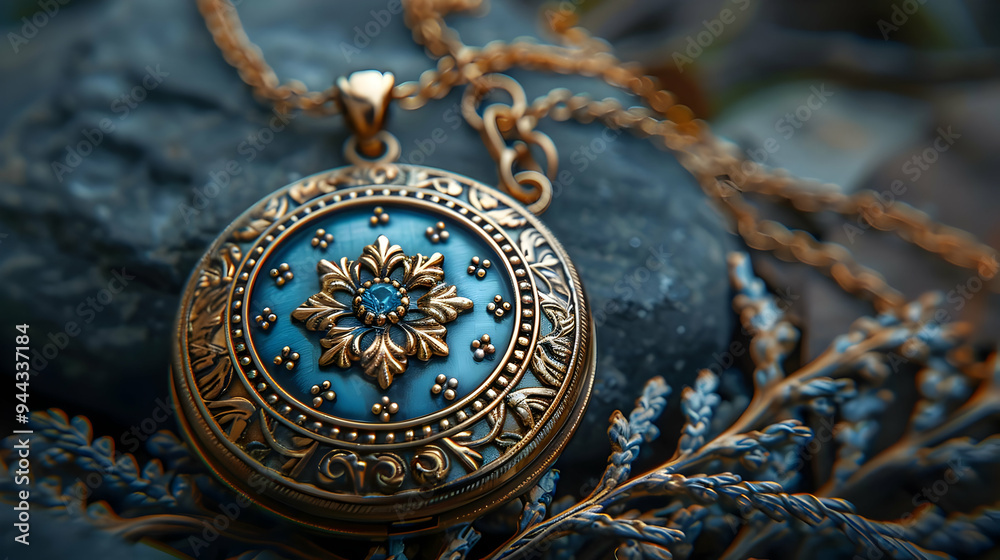 Ornate Gold Locket Pendant with Blue Gemstone - Detailed Illustration Ornate Gold Locket Pendant with Blue Gemstone - Detailed Illustration