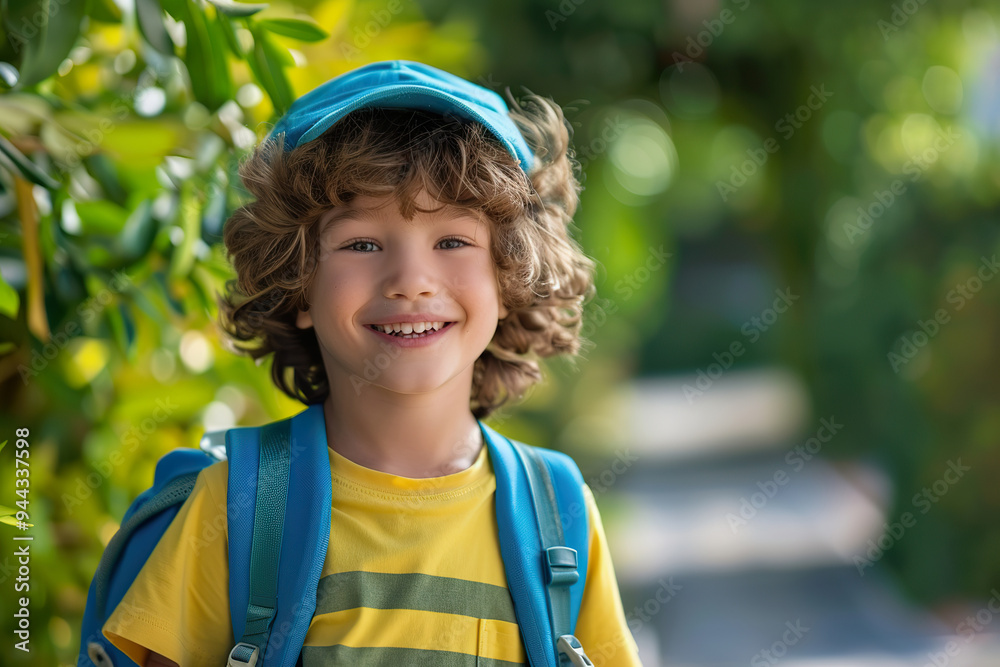 A young boy wearing a blue hat and yellow shirt is smiling generative ai. A young boy wearing a blue hat and yellow shirt is smiling generative ai.