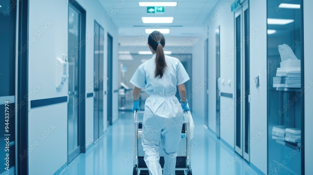 Janitorial Office - Professional Cleaning Service Worker Using Specialized Equipment in Cleanroom Environment Janitorial Office - Professional Cleaning Service Worker Using Specialized Equipment in Cleanroom Environment