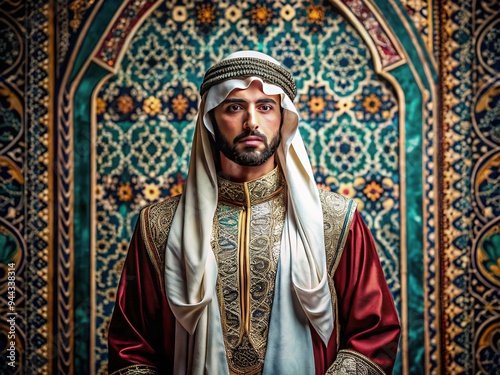 Vibrant traditional Gulf Arab attire adorned with intricate embroidery and ornate accessories, against a richly patterned background, exuding cultural heritage and luxurious elegance. photo