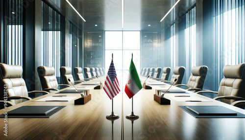 Wallpaper Mural A modern conference room with USA and Iran flags on a long table, symbolizing a bilateral meeting or diplomatic discussions between the two nations. Torontodigital.ca