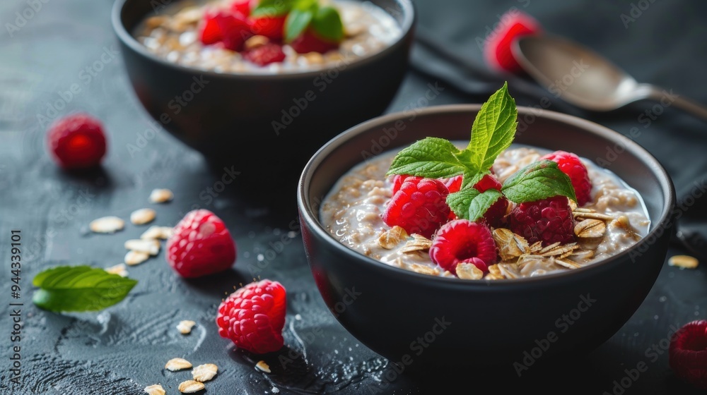 Breakfast cereal with milk yogurt and raspberry Breakfast cereal with milk yogurt and raspberry