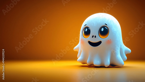 A cute cartoon ghost character on an orange banner with space for copy, perfect for Halloween decorations and party invitations.