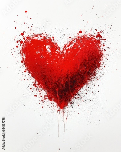 Spraypaint Heart Symbol. Romantic Red Valentine Love, Textured Splattered Blob on Paper Background