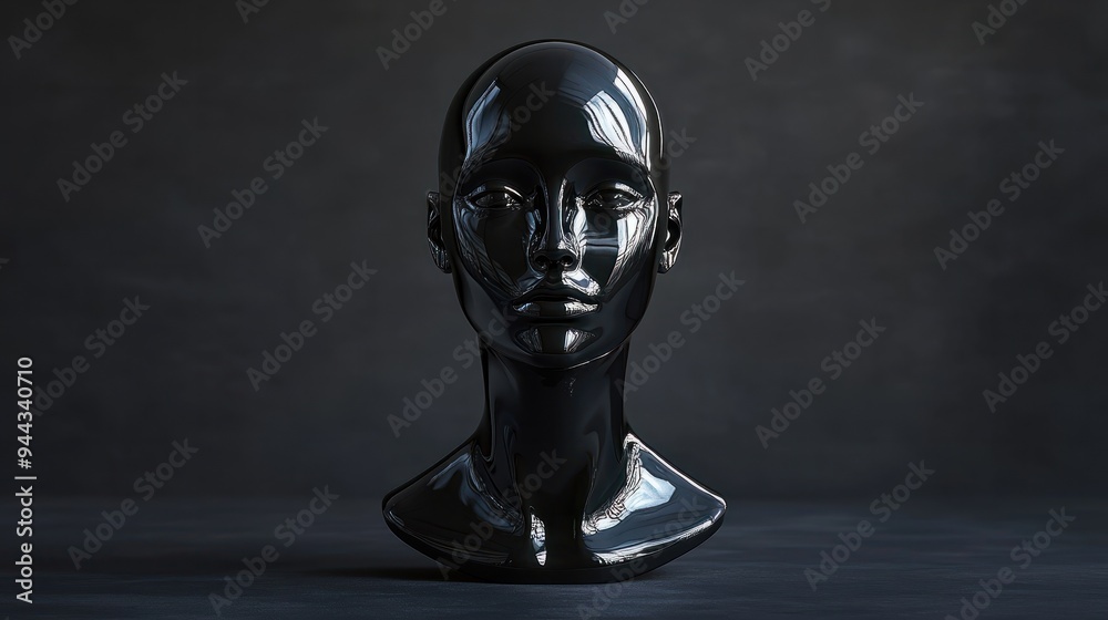 Glossy black mannequin head on a dark background, mannequin, head, black, glossy, display, fashion, beauty, retail, store