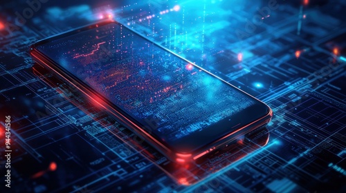 Advanced Technology Concept with Smartphone and Glowing Data. Phone integrated with advanced technology, emitting a radiant data screen on a futuristic blue digital background.