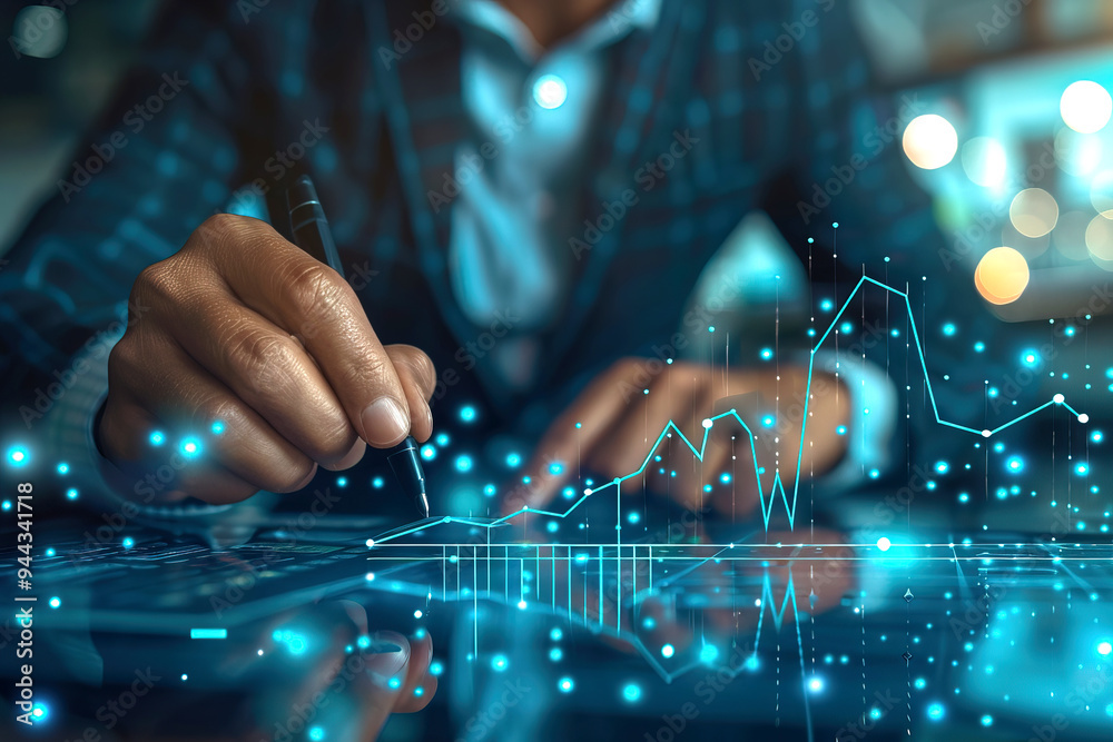 Man analyzing charts and graphs on digital device with stylus, concentrated work in office Man analyzing charts and graphs on digital device with stylus, concentrated work in office