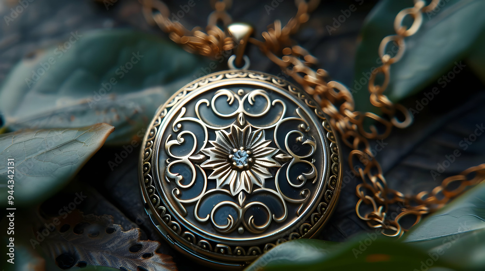 Ornate Gold Pendant with Diamond, Illustration Ornate Gold Pendant with Diamond, Illustration