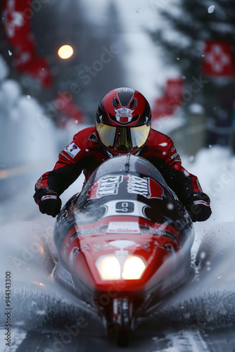 A Bobsledder Races Through a Snowy Landscape