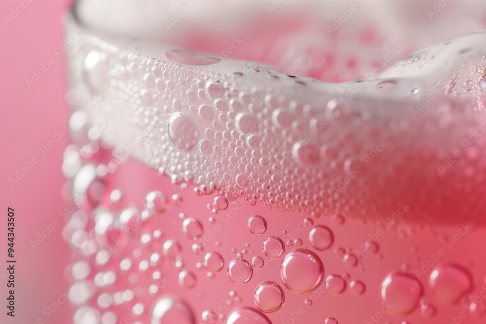 Close-up view of fizzy pink beverage with bubbles in clear glass against a soft pink background during bright daylight Close-up view of fizzy pink beverage with bubbles in clear glass against a soft pink background during bright daylight