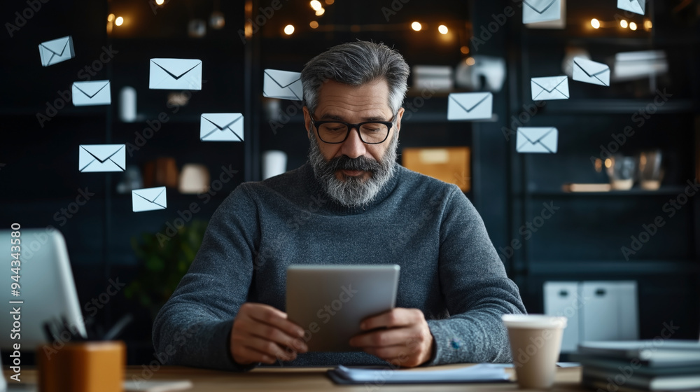 Man with glasses and gray beard using tablet in office with email icons floating around, representing digital communication Man with glasses and gray beard using tablet in office with email icons floating around, representing digital communication