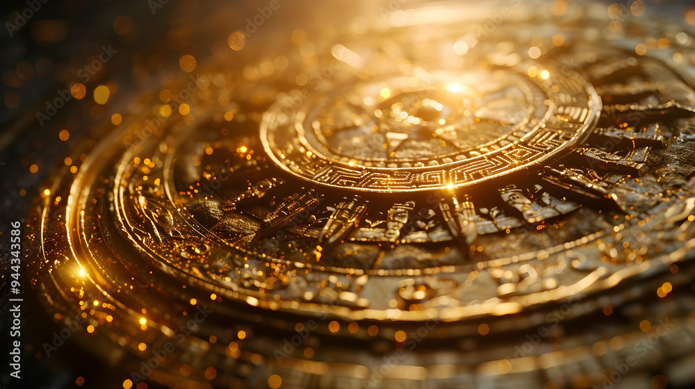 Fototapeta premium Golden Aztec Calendar 3D Illustration with Bokeh