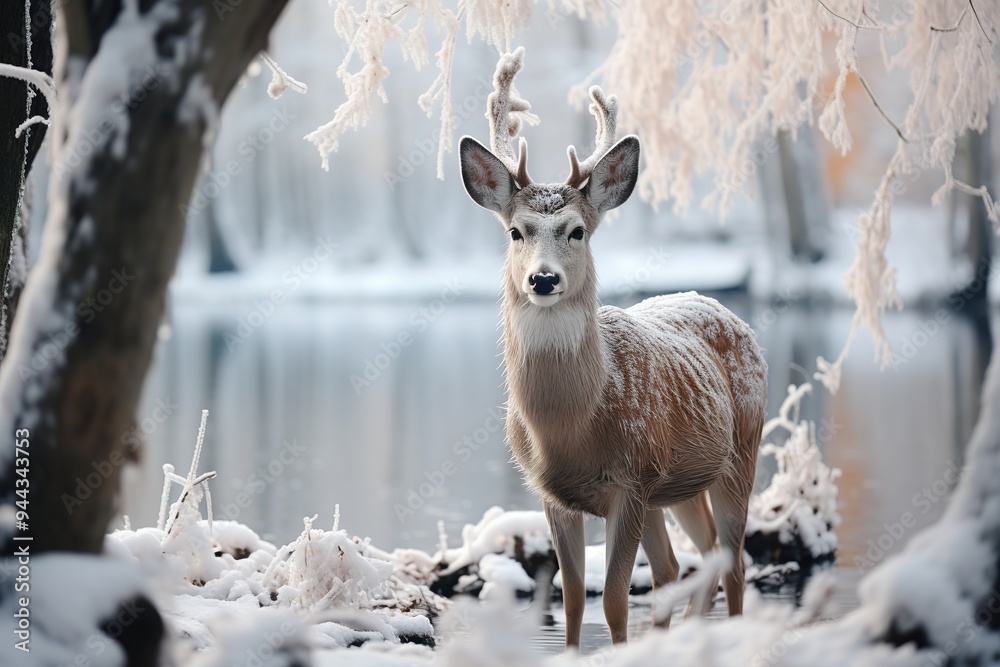Beautiful spotted deer in the forest in the winter forest in the morning in the fog Beautiful spotted deer in the forest in the winter forest in the morning in the fog