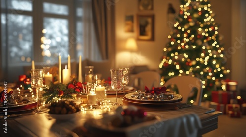 Table served for Christmas dinner. Living room decorated with lights and Christmas tree. AI generated