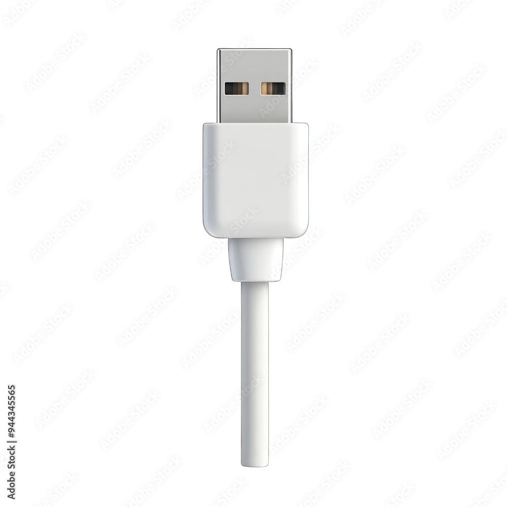 A white USB cable with a standard connector, designed for charging and data transfer between devices efficiently. transparent background A white USB cable with a standard connector, designed for charging and data transfer between devices efficiently. transparent background