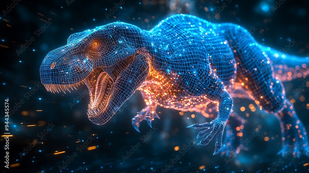 A 3D rendering of a T-Rex dinosaur made of glowing wireframe.