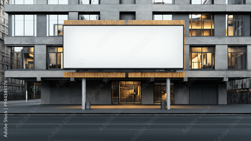 Modern building facade with large blank billboard and illuminated windows in urban setting. Modern building facade with large blank billboard and illuminated windows in urban setting.