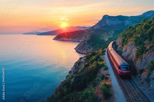 Train passing through hills at sunset next to the sea