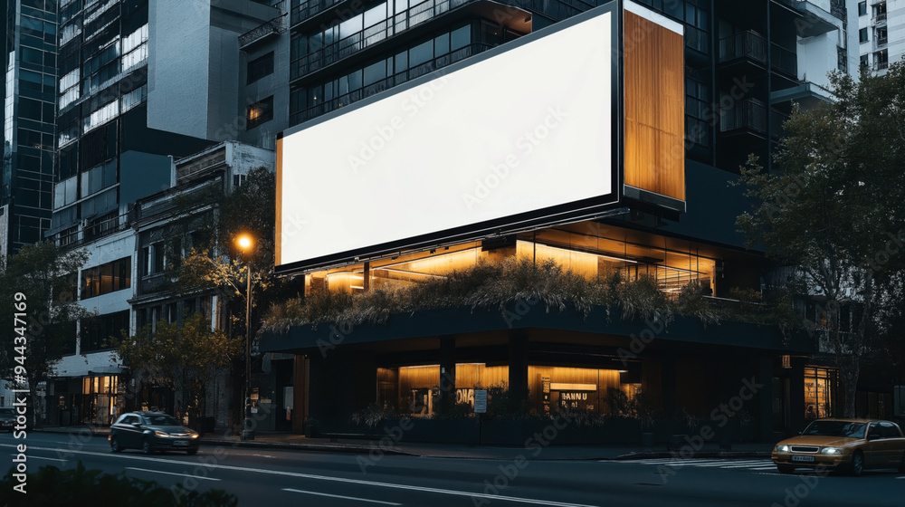 A city street scene featuring modern buildings with an empty billboard. Trees and parked cars can be seen along the road, and the illuminated facade of a building at night. A city street scene featuring modern buildings with an empty billboard. Trees and parked cars can be seen along the road, and the illuminated facade of a building at night.