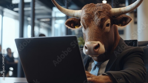 A bull in sales closing deals on a laptop in a high energy open floor sales office