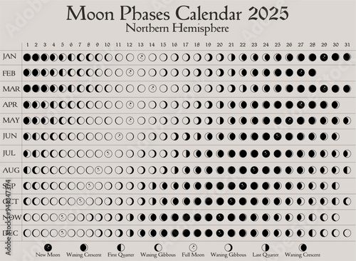 2025 Moon Phases Calendar. Northern Hemisphere lunar calendar design template. Astrological, astronomical moonlight activity scheduler. Month cycle planner mockup. Magical pastel colors vector.