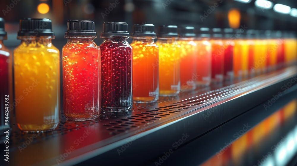 A series of colorful juice bottles on a modern production line at a beverage factory