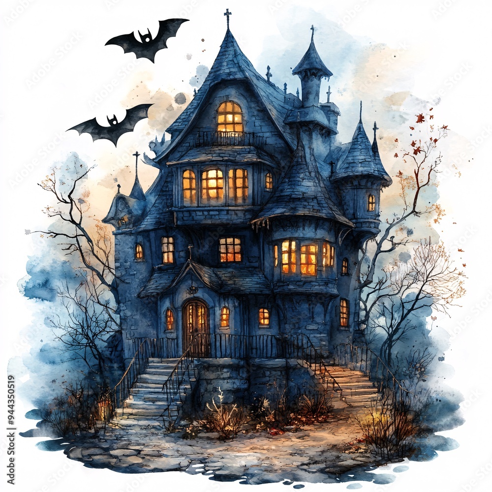 Spooky Watercolor Clipart of Haunted House on Isolated Background - Halloween Illustration for Designs Spooky Watercolor Clipart of Haunted House on Isolated Background - Halloween Illustration for Designs