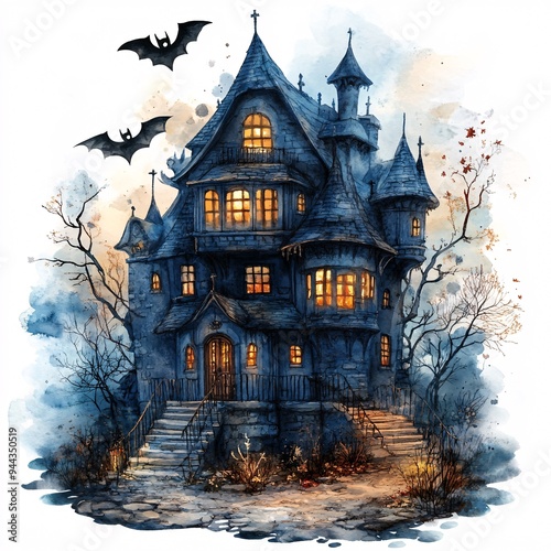 Spooky Watercolor Clipart of Haunted House on Isolated Background - Halloween Illustration for Designs