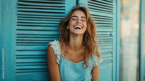 Woman laughing while standing against shutter