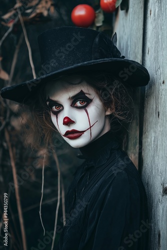 A gothic character with clown makeup leans against a wooden wall, their expression intense and unsettling, portraying darkness. photo