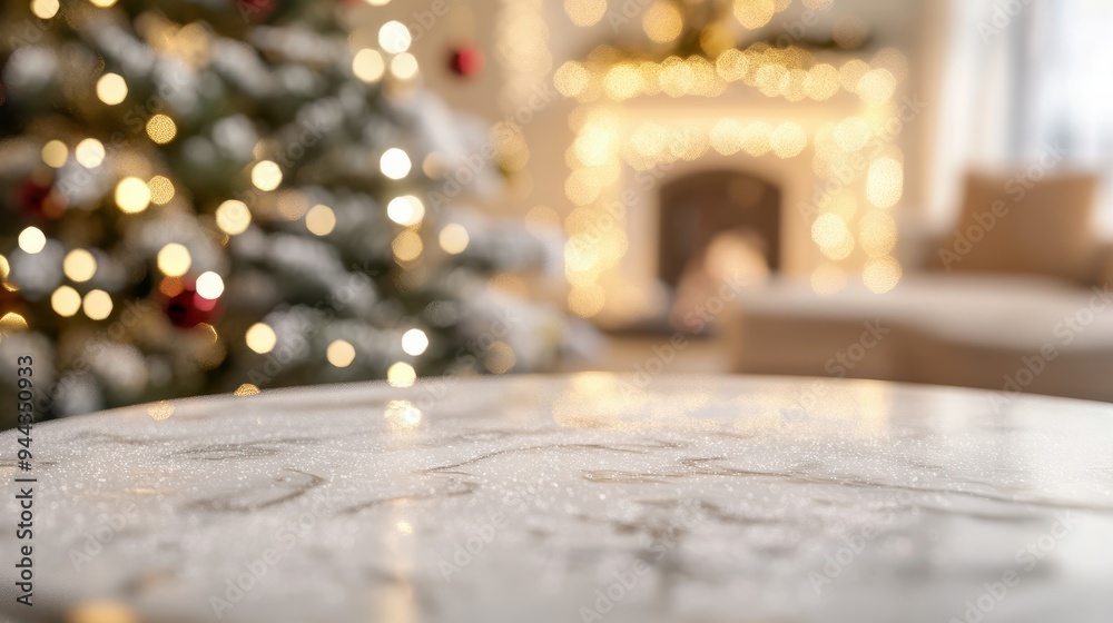 Christmas themed background with a marble table and a warm living room decor featuring a Christmas tree and string lights, creating a blurred bokeh effect with snow. This serves as a holiday backdrop Christmas themed background with a marble table and a warm living room decor featuring a Christmas tree and string lights, creating a blurred bokeh effect with snow. This serves as a holiday backdrop