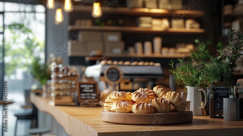 Cozy coffee shop setup with fresh pastries and modern decor. Kafe aesthetic. Selective focus