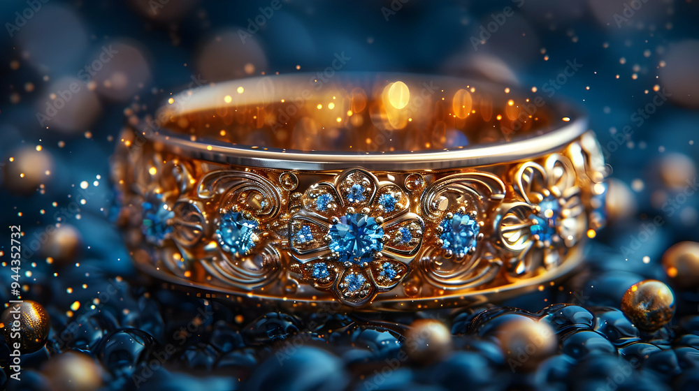 Golden Ring with Blue Gemstones on a Blue and Gold Background - 3D Illustration Golden Ring with Blue Gemstones on a Blue and Gold Background - 3D Illustration