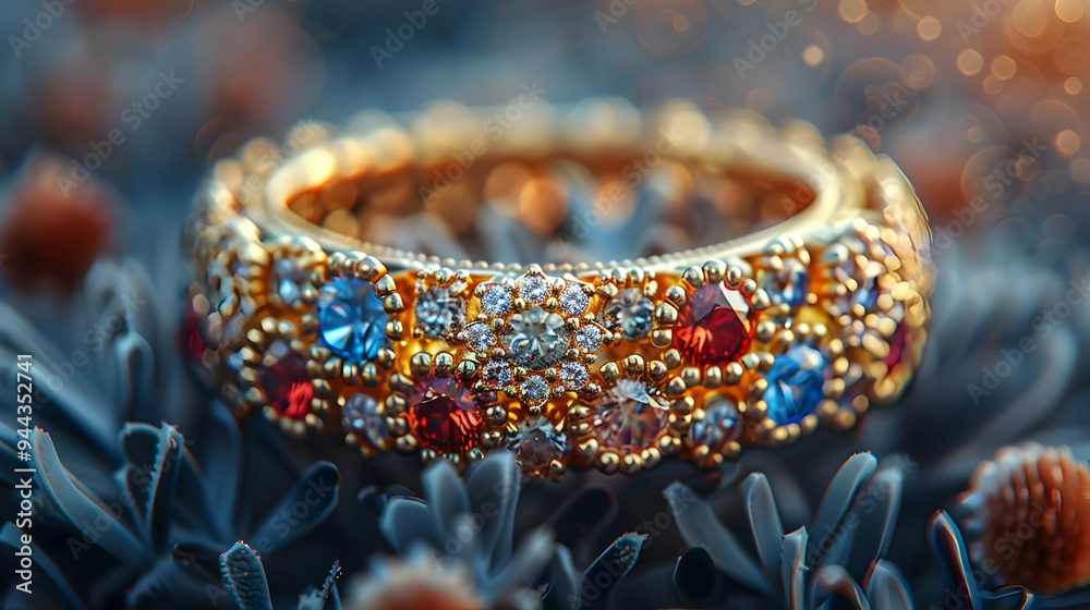 Closeup of a Gold Ring with Red and Blue Gems on a Dark Blue Background Closeup of a Gold Ring with Red and Blue Gems on a Dark Blue Background