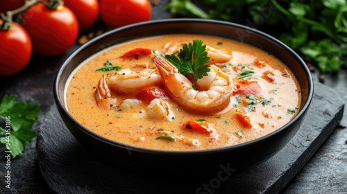 Vegetarian Tomato Coconut Soup. Epicure Shrimp Soup with Homemade Coconut Curry in Kitchen