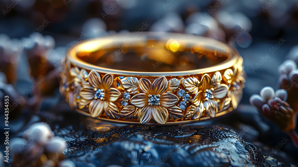 Golden Flower Ring with Blue Diamonds 3D Illustration Golden Flower Ring with Blue Diamonds 3D Illustration