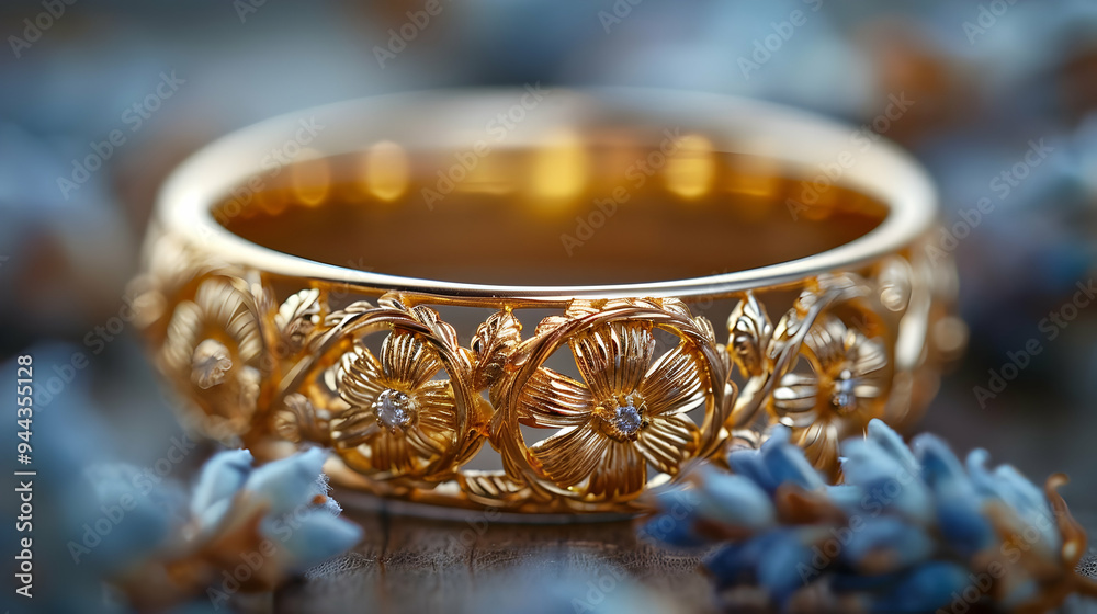 Gold Ring with Floral Design and Diamonds - Illustration