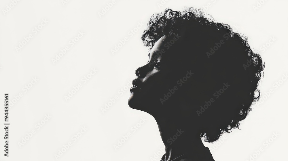  striking black and white silhouette of a young person with curly hair, capturing a serene and contemplative moment in profile against a plain background.