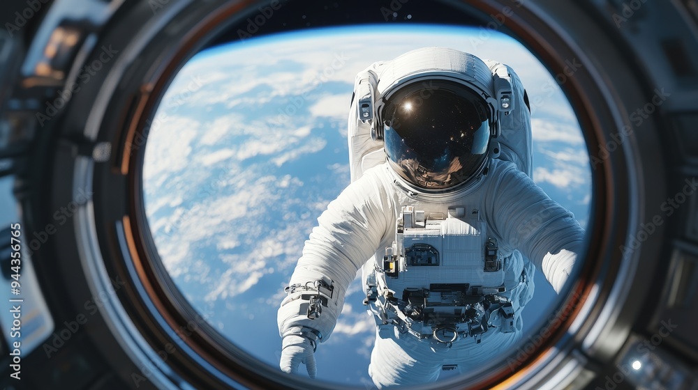 An astronaut floats in space, gazing out from a spacecraft window, capturing the beauty of Earth beyond. An astronaut floats in space, gazing out from a spacecraft window, capturing the beauty of Earth beyond.