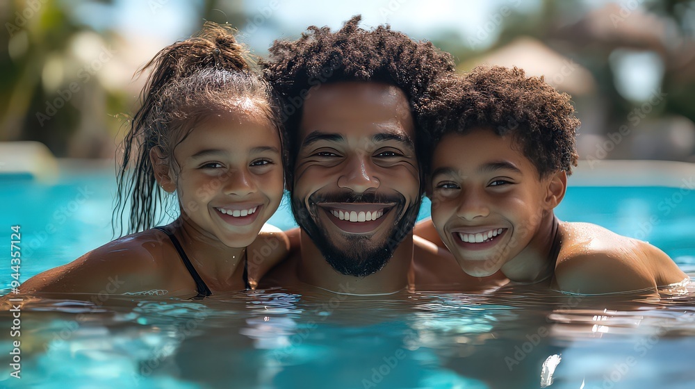 Father with two children smiling and enjoying time in a swimming pool. Father with two children smiling and enjoying time in a swimming pool.