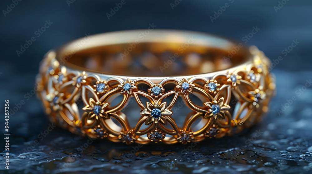 Gold Ring with Diamonds and Floral Design - 3D Illustration Gold Ring with Diamonds and Floral Design - 3D Illustration